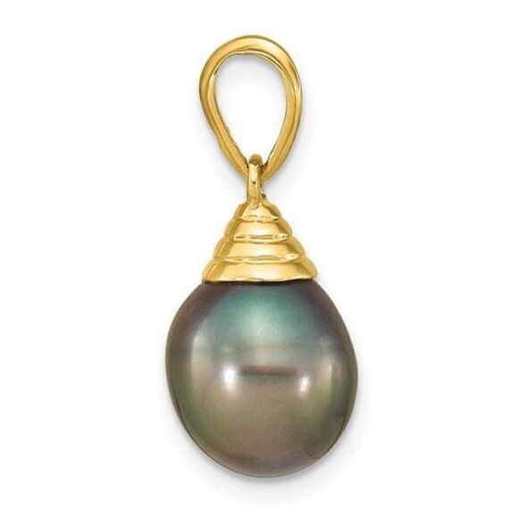 14K 9-10mm Teardrop Black Saltwater Tahitian Pearl Pendant - Picture 2 of 4
